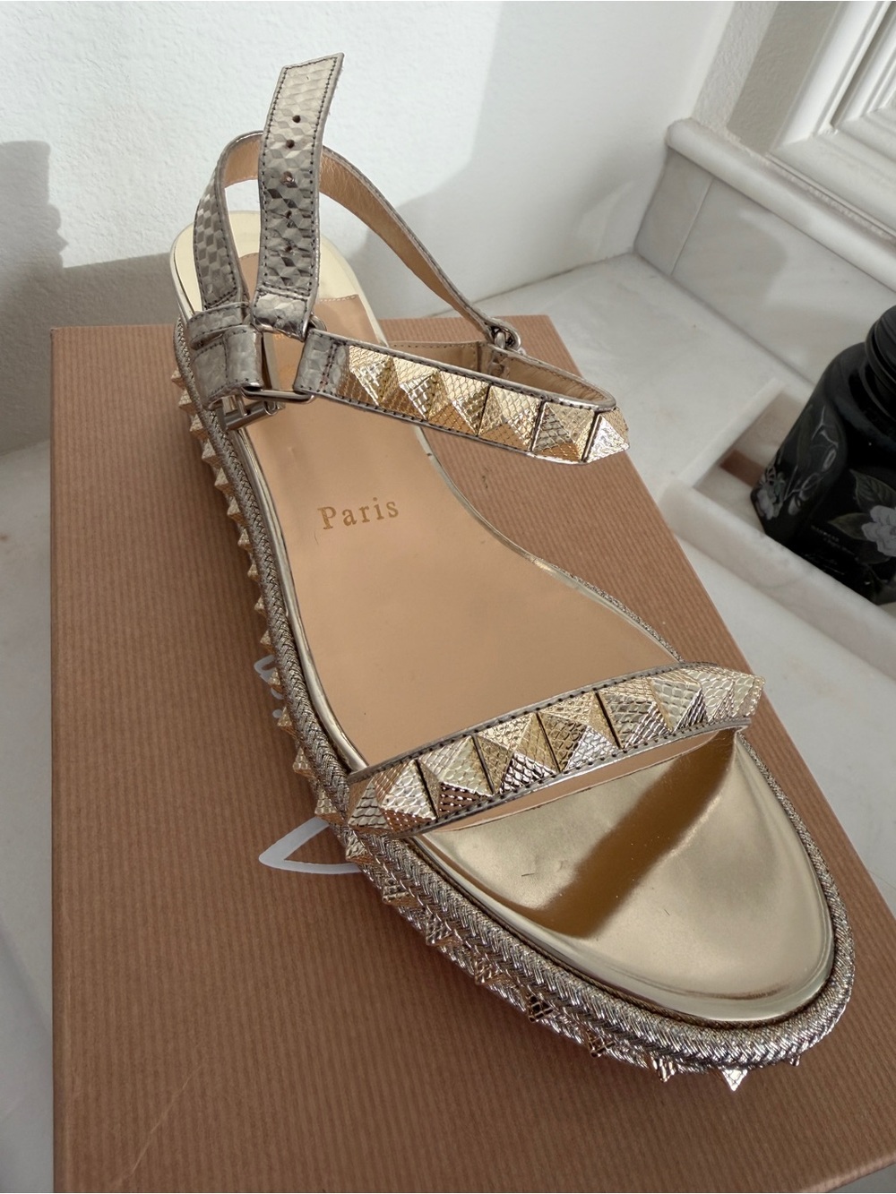 Christian Louboutin Metallic Gold Pyramid-Stud Slingback Sandal size 39 platinum